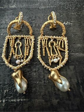 Gold Pearl Drop Shield Keyhole Earrings